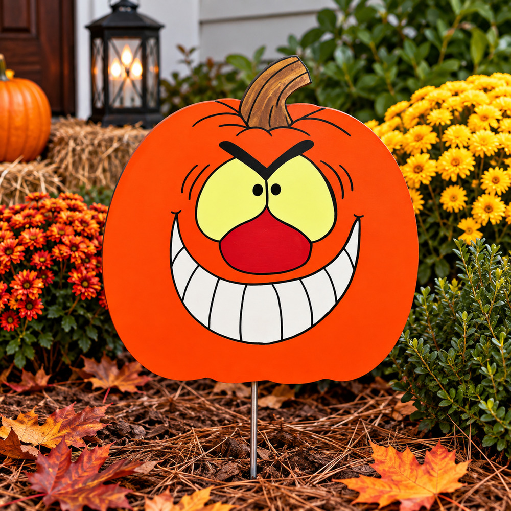 Hand Painted Wooden Pumpkin Yard Stake Halloween Fall Outdoor Decor Handmade